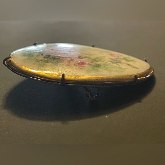 Antique Victorian Hand Painted Porcelain Floral Pink Rose Flower Brooch Pin - Picture 9 of 15